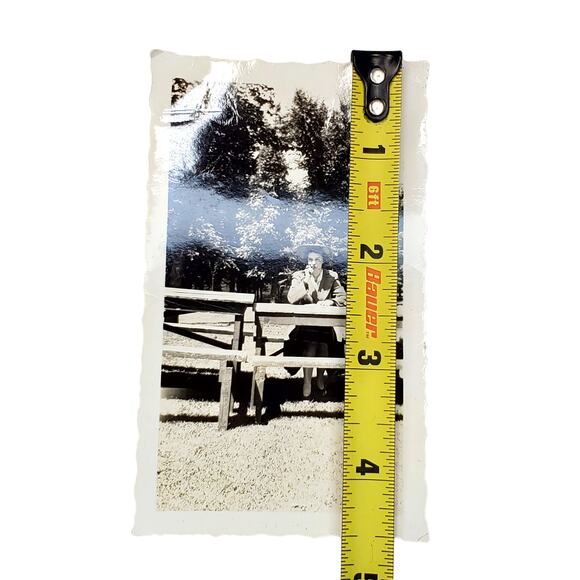 Vtg Lady Writing Thinking at Picnic Table Original Monochrome Photo Snapshot - Picture 2 of 4